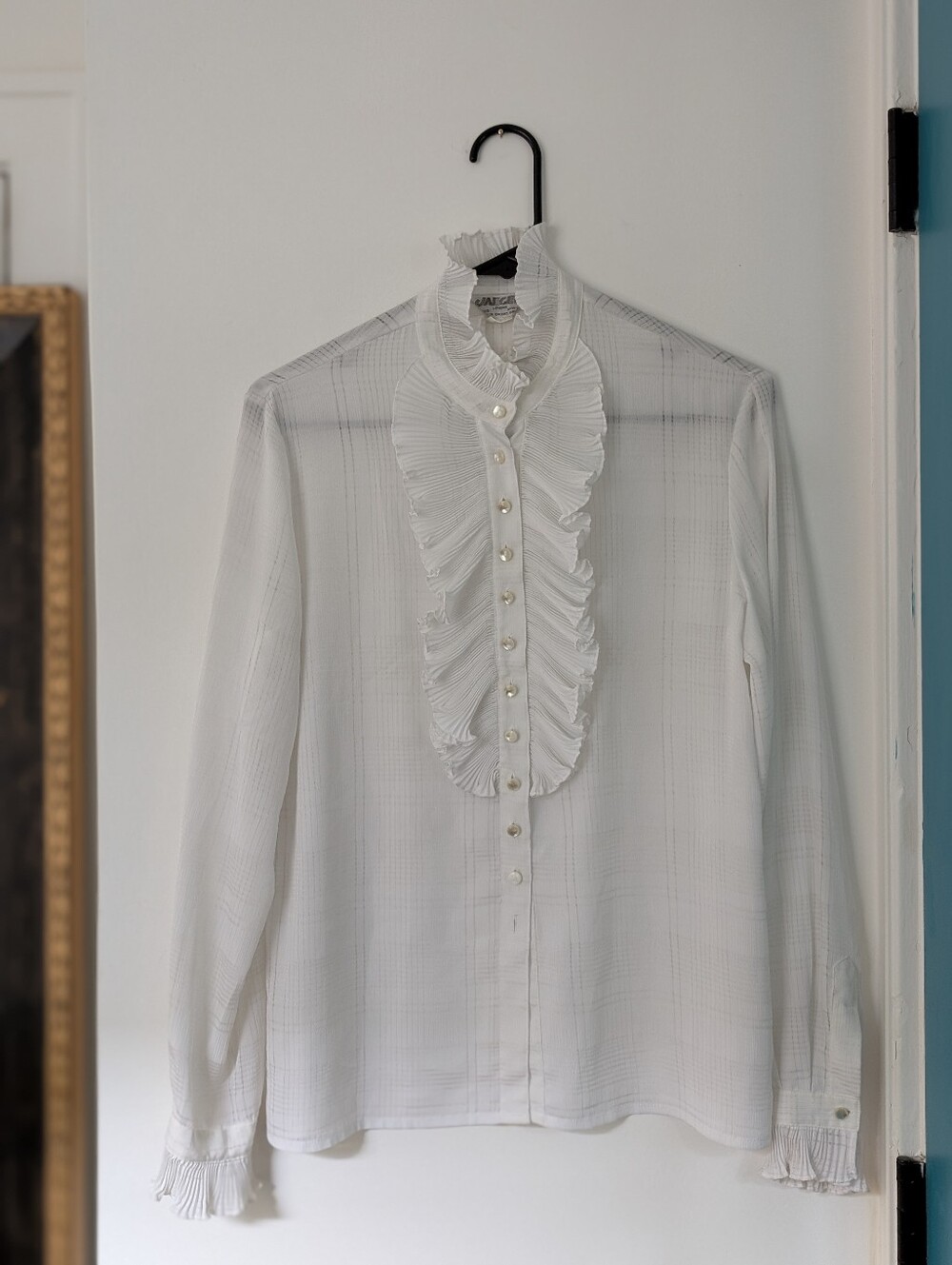 Women’s White Ruffle Front Button Shirt
